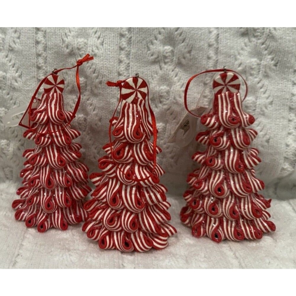 4.5" Tall Peppermint Swirl Ribbon Candy Christmas Tree Ornaments 3pc VINTAGE